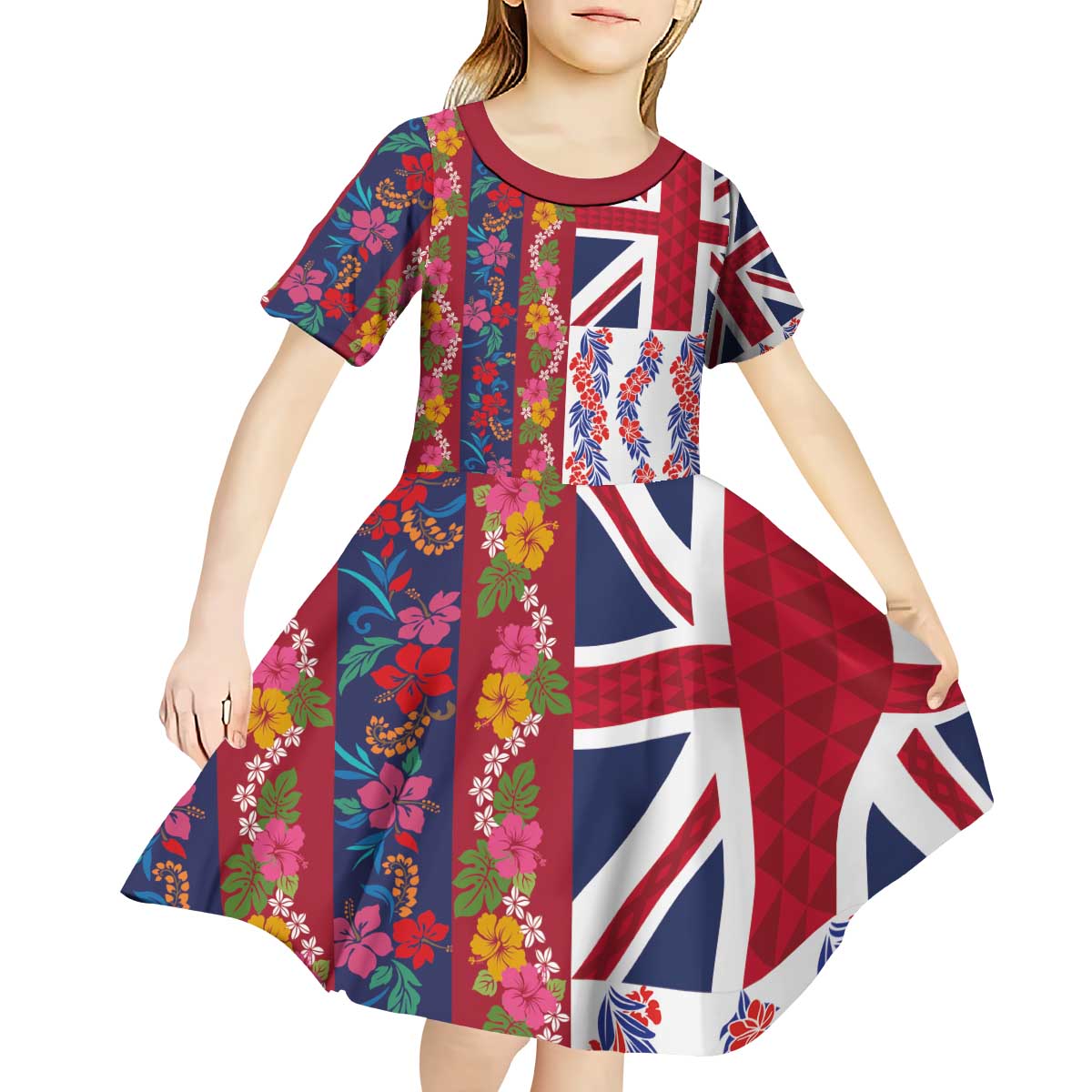 Hawaiian Lei Kid Short Sleeve Dress National Flag Striped Style LT03 - Polynesian Pride