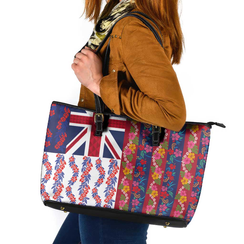 Hawaiian Lei Leather Tote Bag National Flag Striped Style LT03 Red - Polynesian Pride
