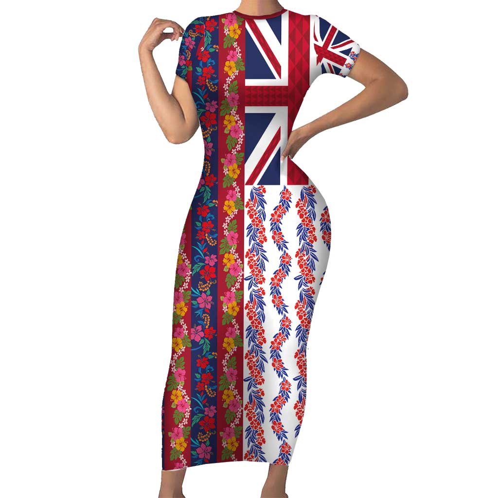 Hawaiian Lei Short Sleeve Bodycon Dress National Flag Striped Style LT03 Long Dress Red - Polynesian Pride