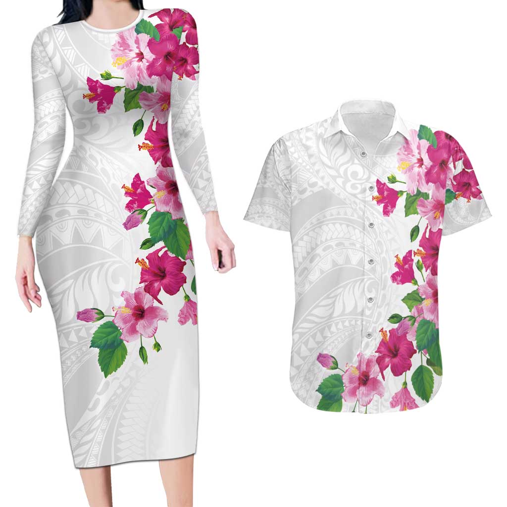 Hawaiian Hibiscus and Art Polynesian Tattoo Couples Matching Long Sleeve Bodycon Dress and Hawaiian Shirt White Color