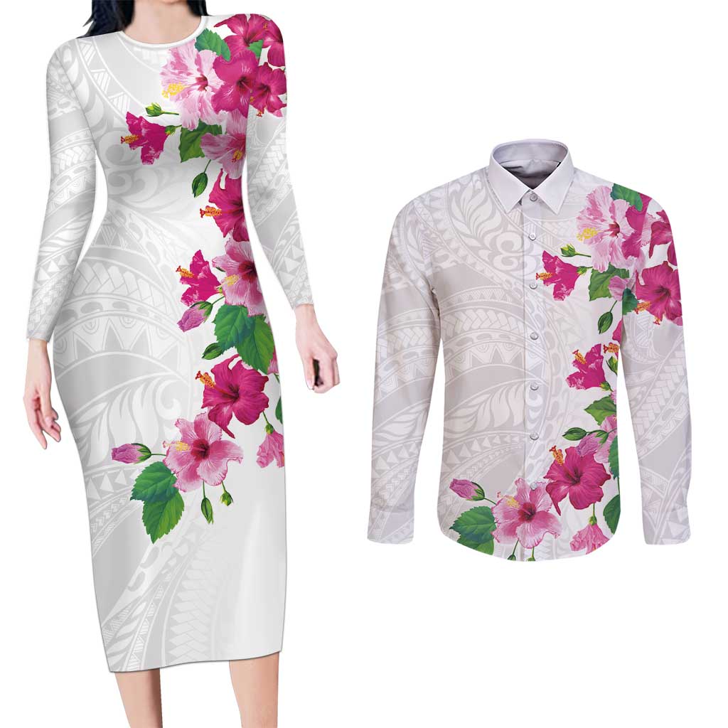 Hawaiian Hibiscus and Art Polynesian Tattoo Couples Matching Long Sleeve Bodycon Dress and Long Sleeve Button Shirt White Color
