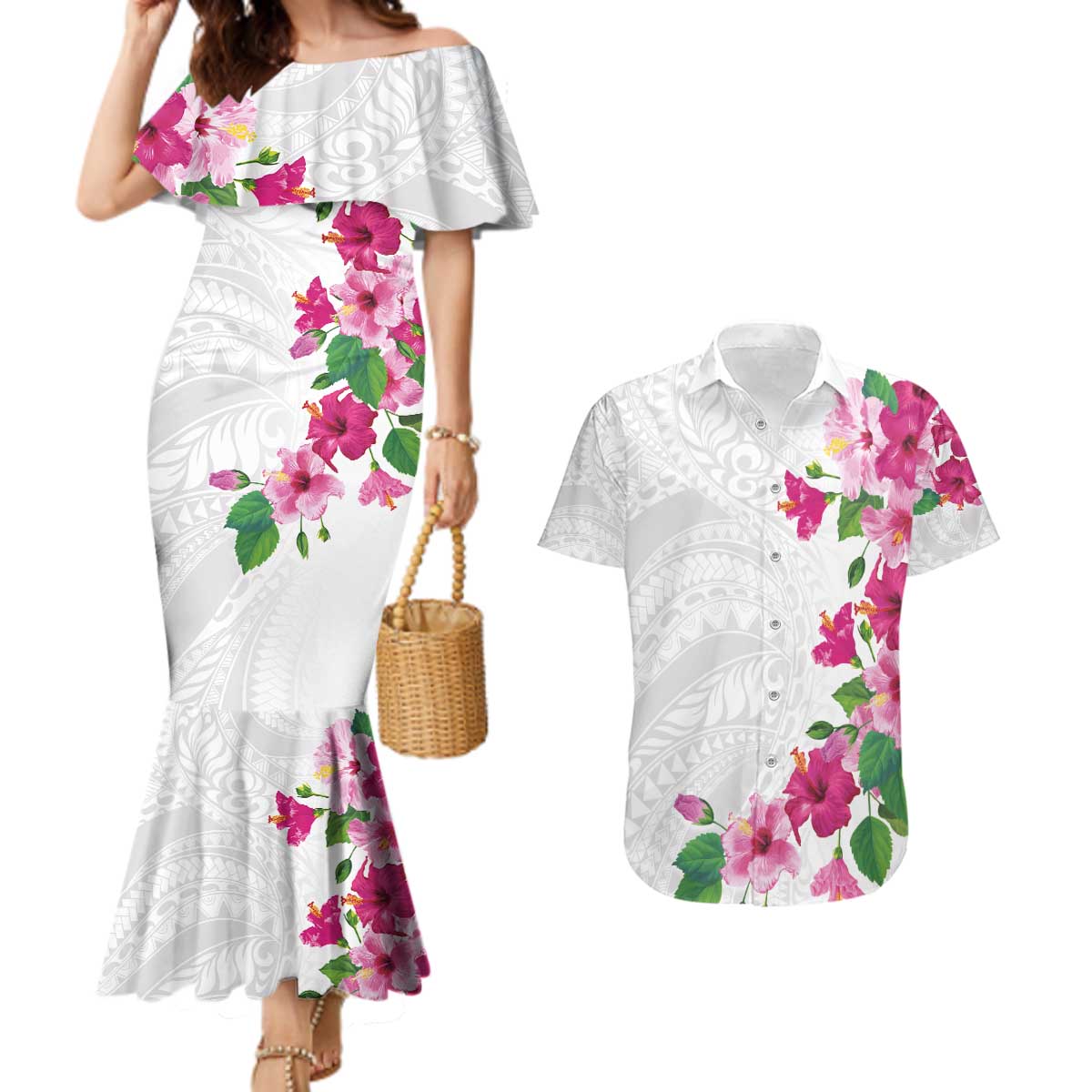 Hawaiian Hibiscus and Art Polynesian Tattoo Couples Matching Mermaid Dress and Hawaiian Shirt White Color