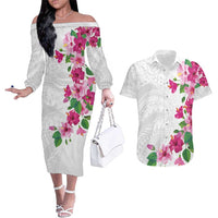 Hawaiian Hibiscus and Art Polynesian Tattoo Couples Matching Off The Shoulder Long Sleeve Dress and Hawaiian Shirt White Color LT03 White - Polynesian Pride