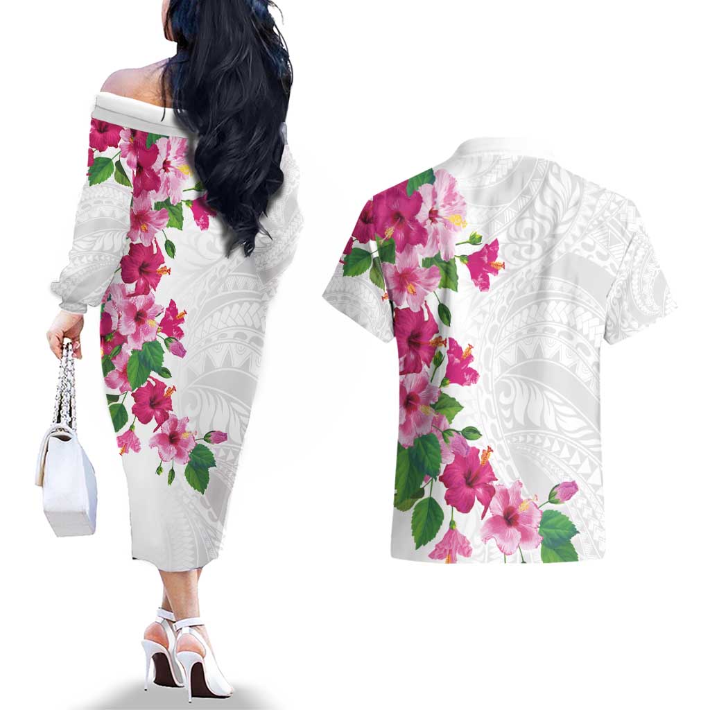 Hawaiian Hibiscus and Art Polynesian Tattoo Couples Matching Off The Shoulder Long Sleeve Dress and Hawaiian Shirt White Color LT03 - Polynesian Pride