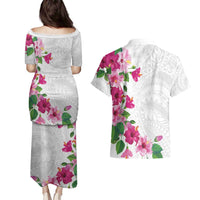 Hawaiian Hibiscus and Art Polynesian Tattoo Couples Matching Puletasi and Hawaiian Shirt White Color LT03 - Polynesian Pride