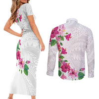 Hawaiian Hibiscus and Art Polynesian Tattoo Couples Matching Short Sleeve Bodycon Dress and Long Sleeve Button Shirt White Color