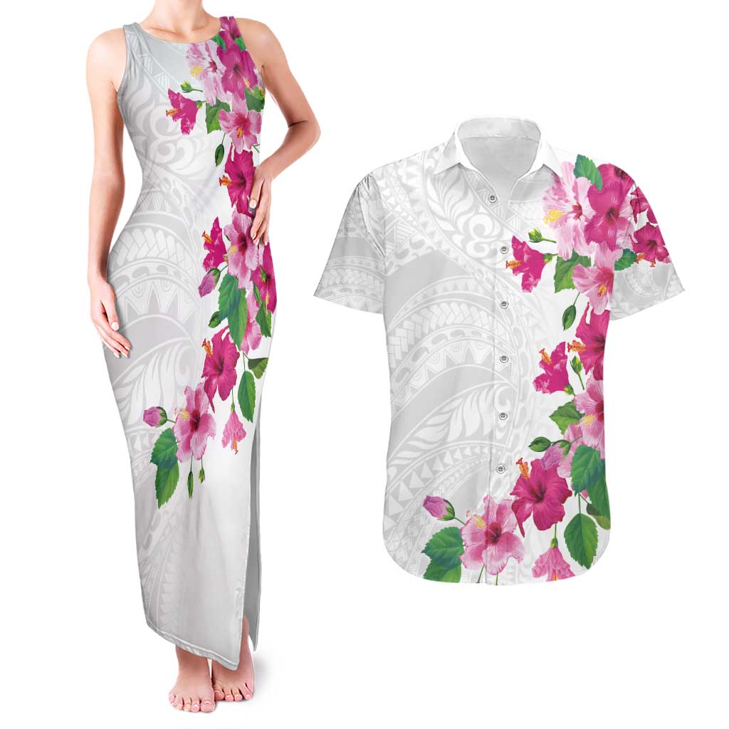 Hawaiian Hibiscus and Art Polynesian Tattoo Couples Matching Tank Maxi Dress and Hawaiian Shirt White Color