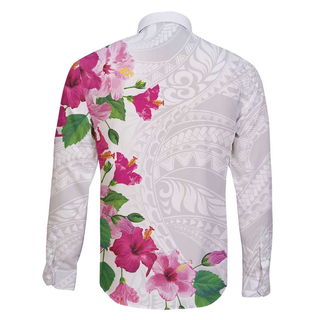 Hawaiian Hibiscus and Art Polynesian Tattoo Family Matching Long Sleeve Bodycon Dress and Hawaiian Shirt White Color