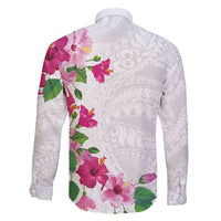 Hawaiian Hibiscus and Art Polynesian Tattoo Family Matching Long Sleeve Bodycon Dress and Hawaiian Shirt White Color