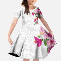 Hawaiian Hibiscus and Art Polynesian Tattoo Family Matching Mermaid Dress and Hawaiian Shirt White Color LT03 Daughter's Dress White - Polynesian Pride