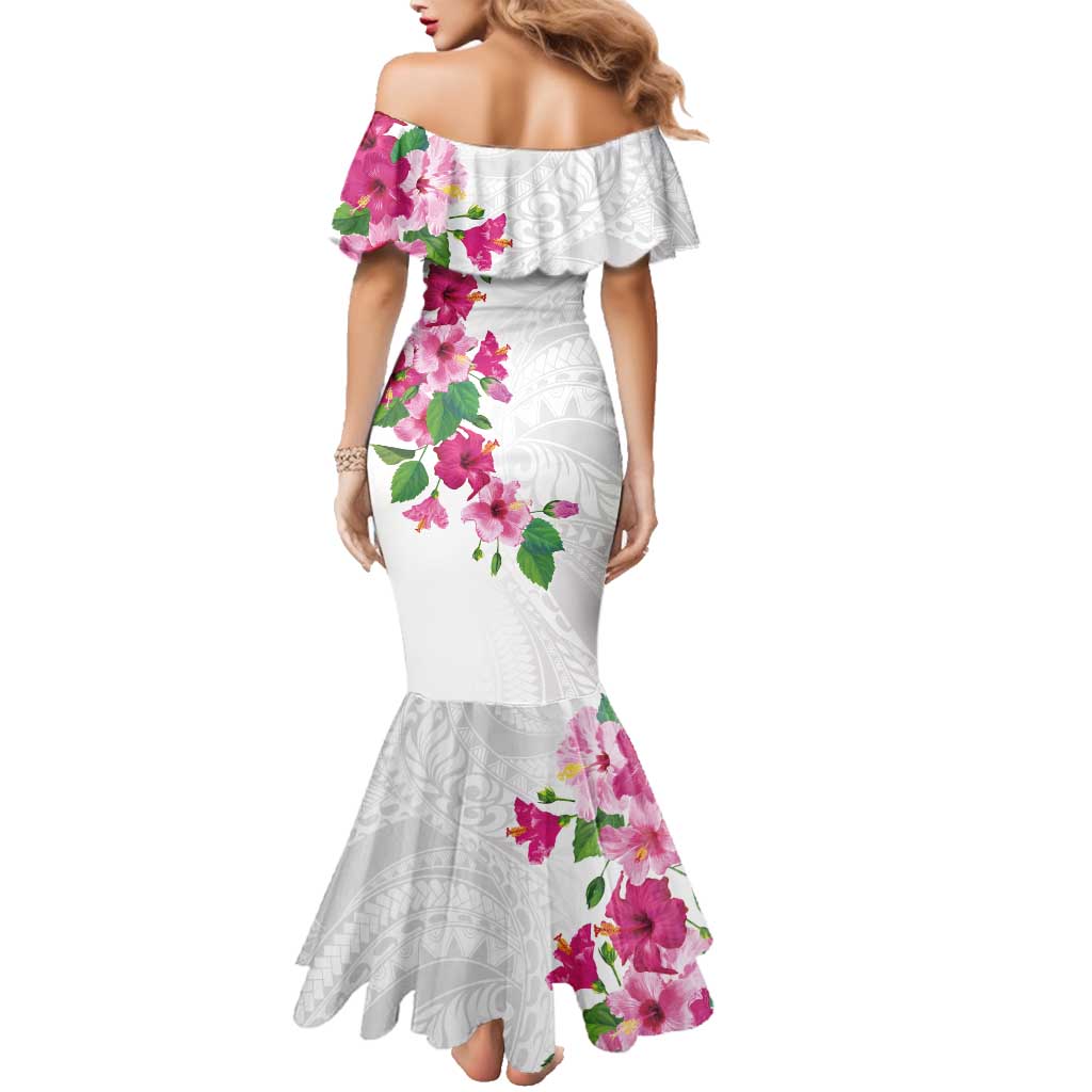 Hawaiian Hibiscus and Art Polynesian Tattoo Family Matching Mermaid Dress and Hawaiian Shirt White Color LT03 - Polynesian Pride