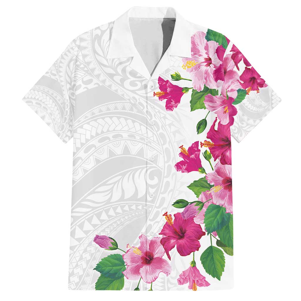 Hawaiian Hibiscus and Art Polynesian Tattoo Family Matching Off Shoulder Maxi Dress and Hawaiian Shirt White Color LT03 Dad's Shirt - Short Sleeve White - Polynesian Pride