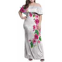 Hawaiian Hibiscus and Art Polynesian Tattoo Family Matching Off Shoulder Maxi Dress and Hawaiian Shirt White Color LT03 Mom's Dress White - Polynesian Pride