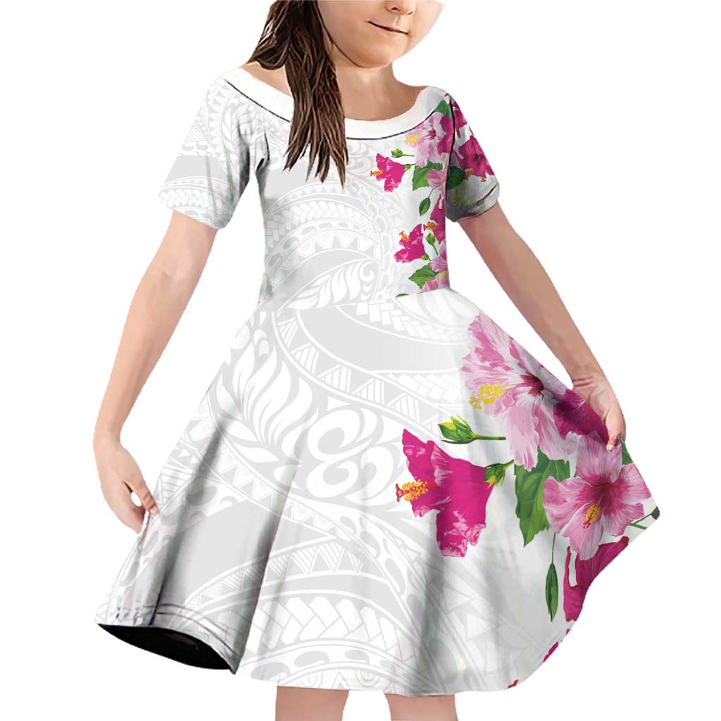 Hawaiian Hibiscus and Art Polynesian Tattoo Family Matching Off Shoulder Short Dress and Hawaiian Shirt White Color