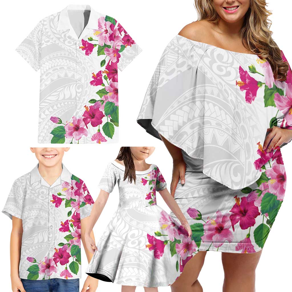 Hawaiian Hibiscus and Art Polynesian Tattoo Family Matching Off Shoulder Short Dress and Hawaiian Shirt White Color