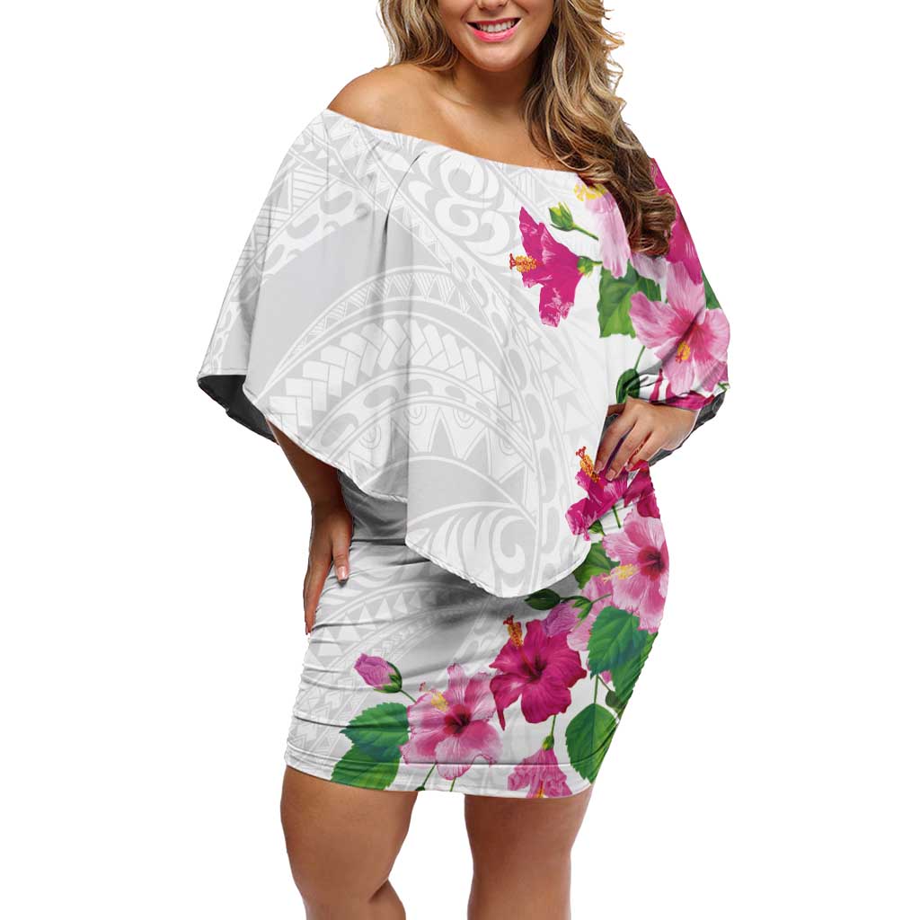 Hawaiian Hibiscus and Art Polynesian Tattoo Family Matching Off Shoulder Short Dress and Hawaiian Shirt White Color