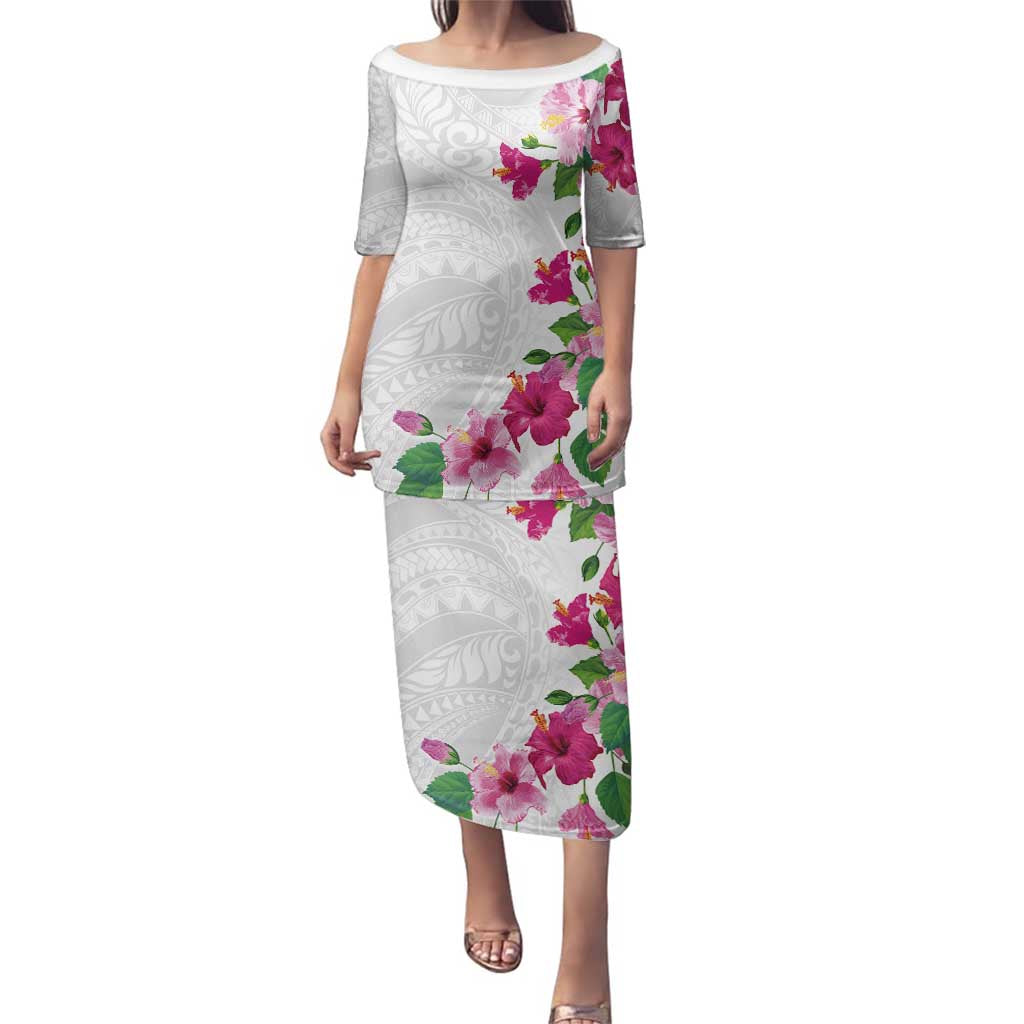 Hawaiian Hibiscus and Art Polynesian Tattoo Family Matching Puletasi and Hawaiian Shirt White Color LT03 Mom's Dress White - Polynesian Pride