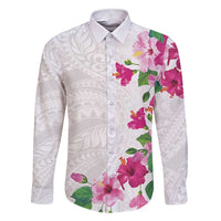Hawaiian Hibiscus and Art Polynesian Tattoo Family Matching Short Sleeve Bodycon Dress and Hawaiian Shirt White Color