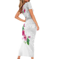 Hawaiian Hibiscus and Art Polynesian Tattoo Family Matching Short Sleeve Bodycon Dress and Hawaiian Shirt White Color