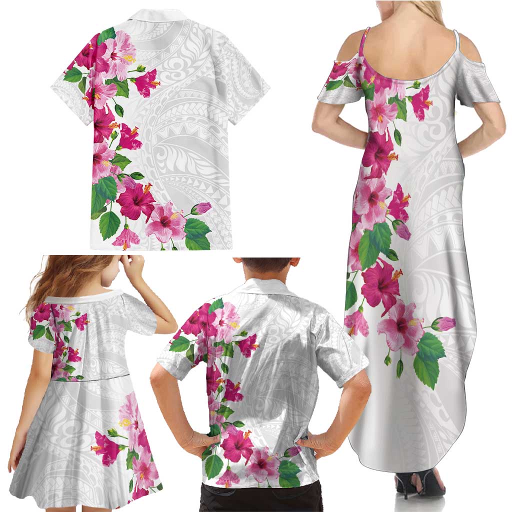 Hawaiian Hibiscus and Art Polynesian Tattoo Family Matching Summer Maxi Dress and Hawaiian Shirt White Color