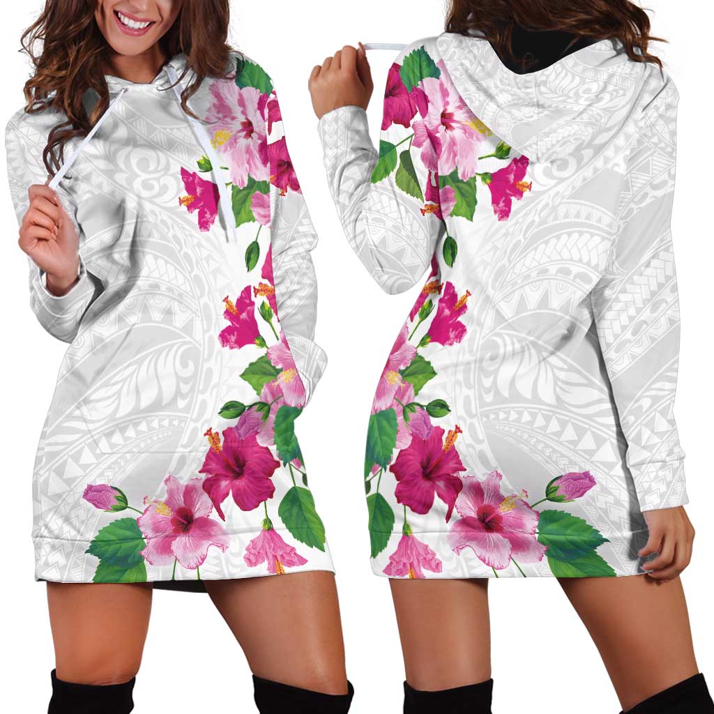Hawaiian Hibiscus and Art Polynesian Tattoo Hoodie Dress White Color LT03 - Polynesian Pride