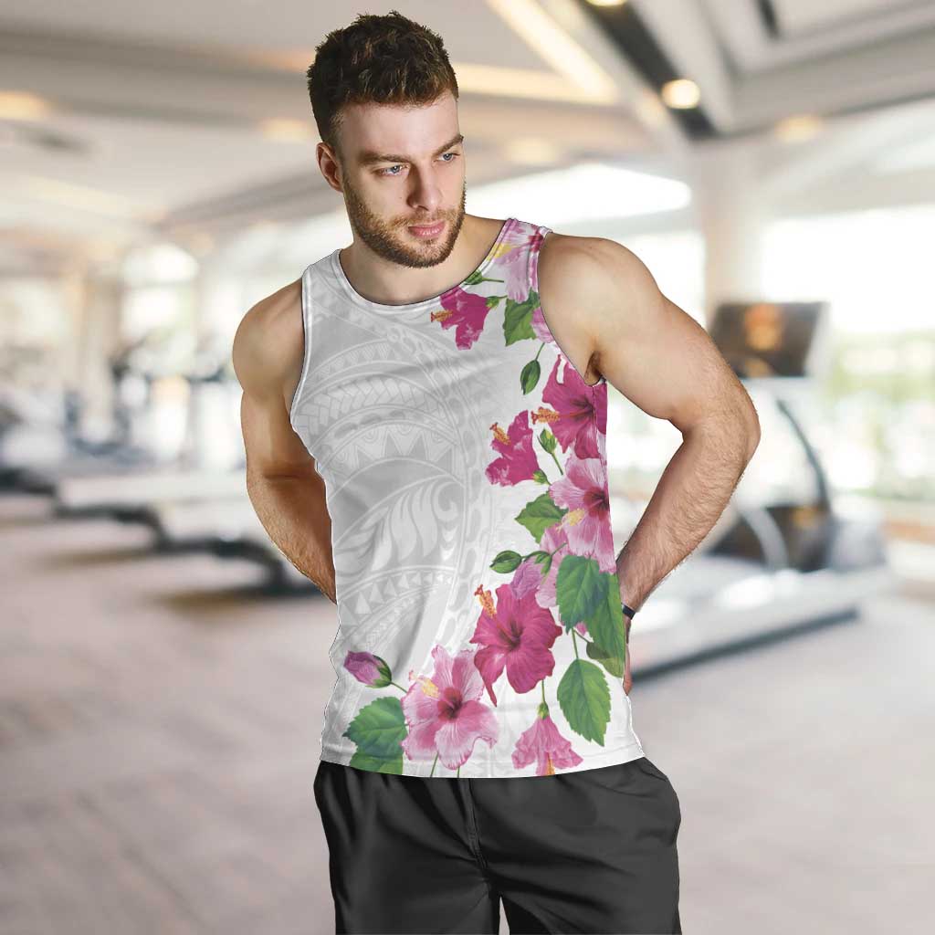 Hawaiian Hibiscus and Art Polynesian Tattoo Men Tank Top White Color LT03 White - Polynesian Pride