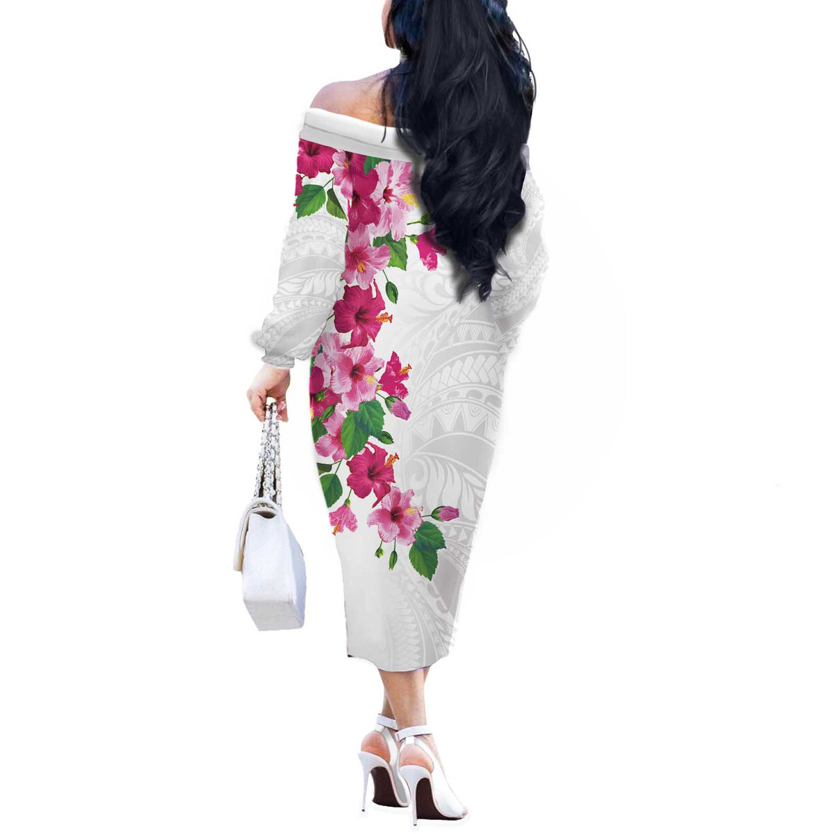 Hawaiian Hibiscus and Art Polynesian Tattoo Off The Shoulder Long Sleeve Dress White Color LT03 - Polynesian Pride