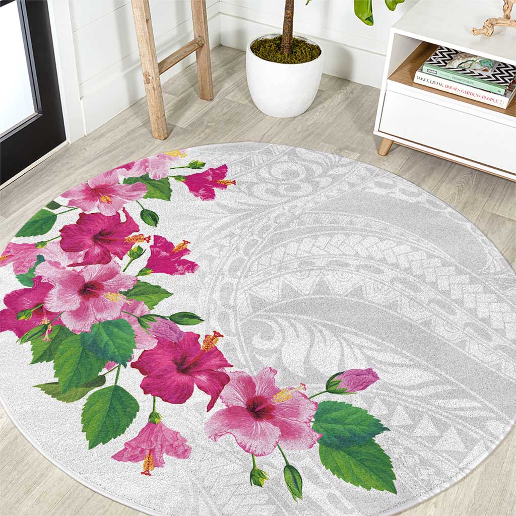 Hawaiian Hibiscus and Art Polynesian Tattoo Round Carpet White Color