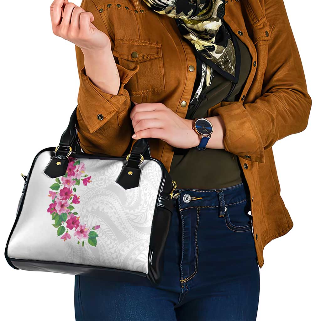 Hawaiian Hibiscus and Art Polynesian Tattoo Shoulder Handbag White Color