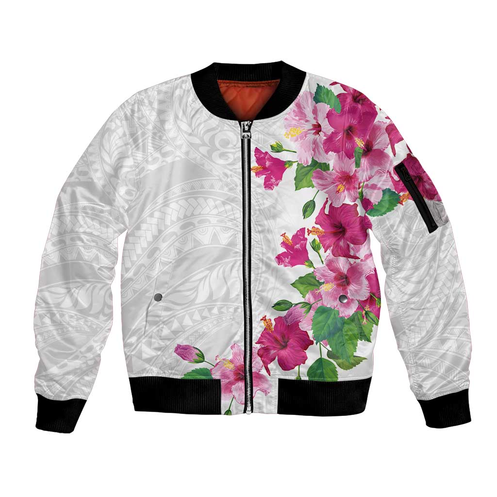 Hawaiian Hibiscus and Art Polynesian Tattoo Sleeve Zip Bomber Jacket White Color LT03 Unisex White - Polynesian Pride