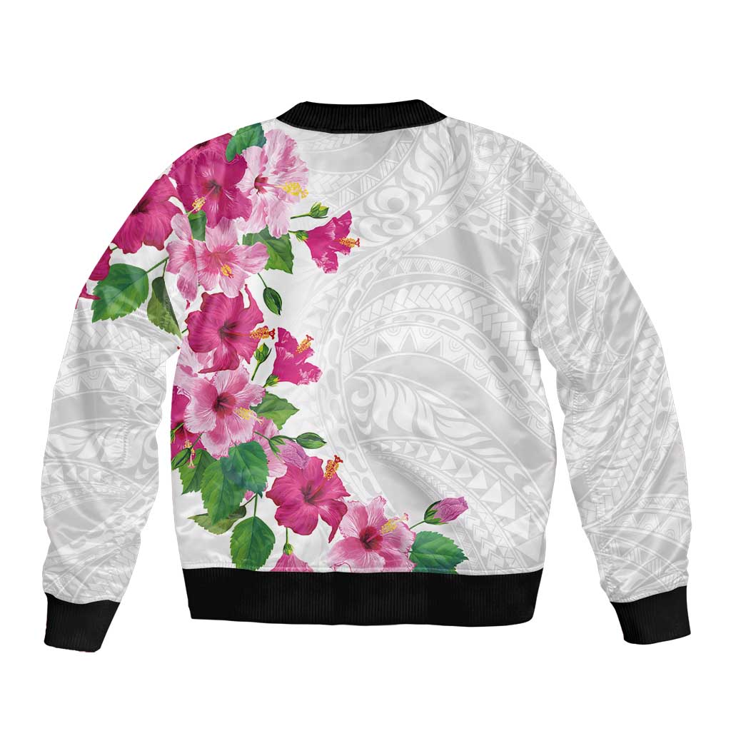Hawaiian Hibiscus and Art Polynesian Tattoo Sleeve Zip Bomber Jacket White Color LT03 - Polynesian Pride