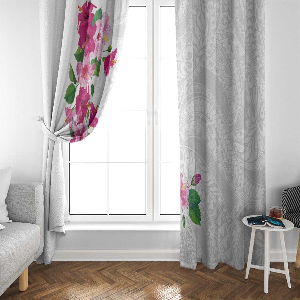 Hawaiian Hibiscus and Art Polynesian Tattoo Window Curtain White Color