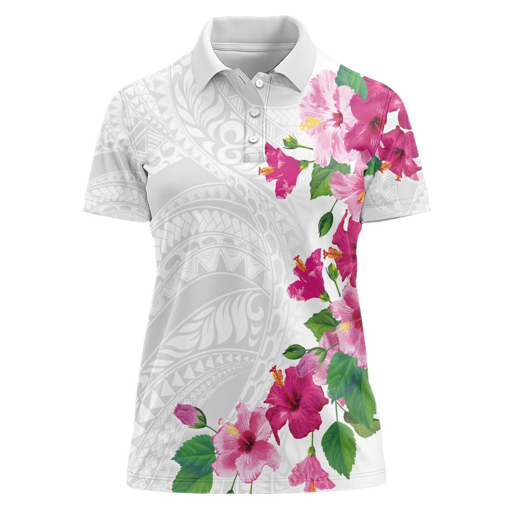 Hawaiian Hibiscus and Art Polynesian Tattoo Women Polo Shirt White Color LT03 Female White - Polynesian Pride