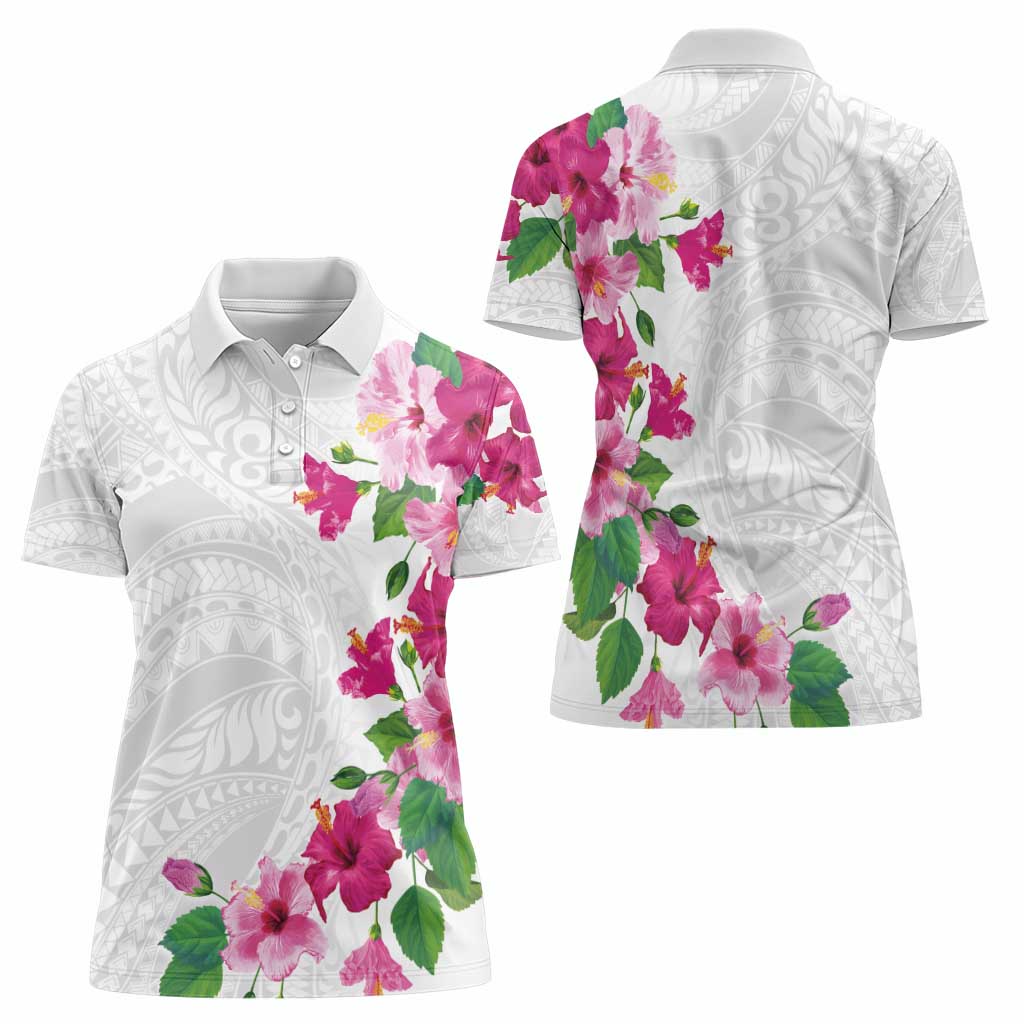 Hawaiian Hibiscus and Art Polynesian Tattoo Women Polo Shirt White Color LT03 - Polynesian Pride