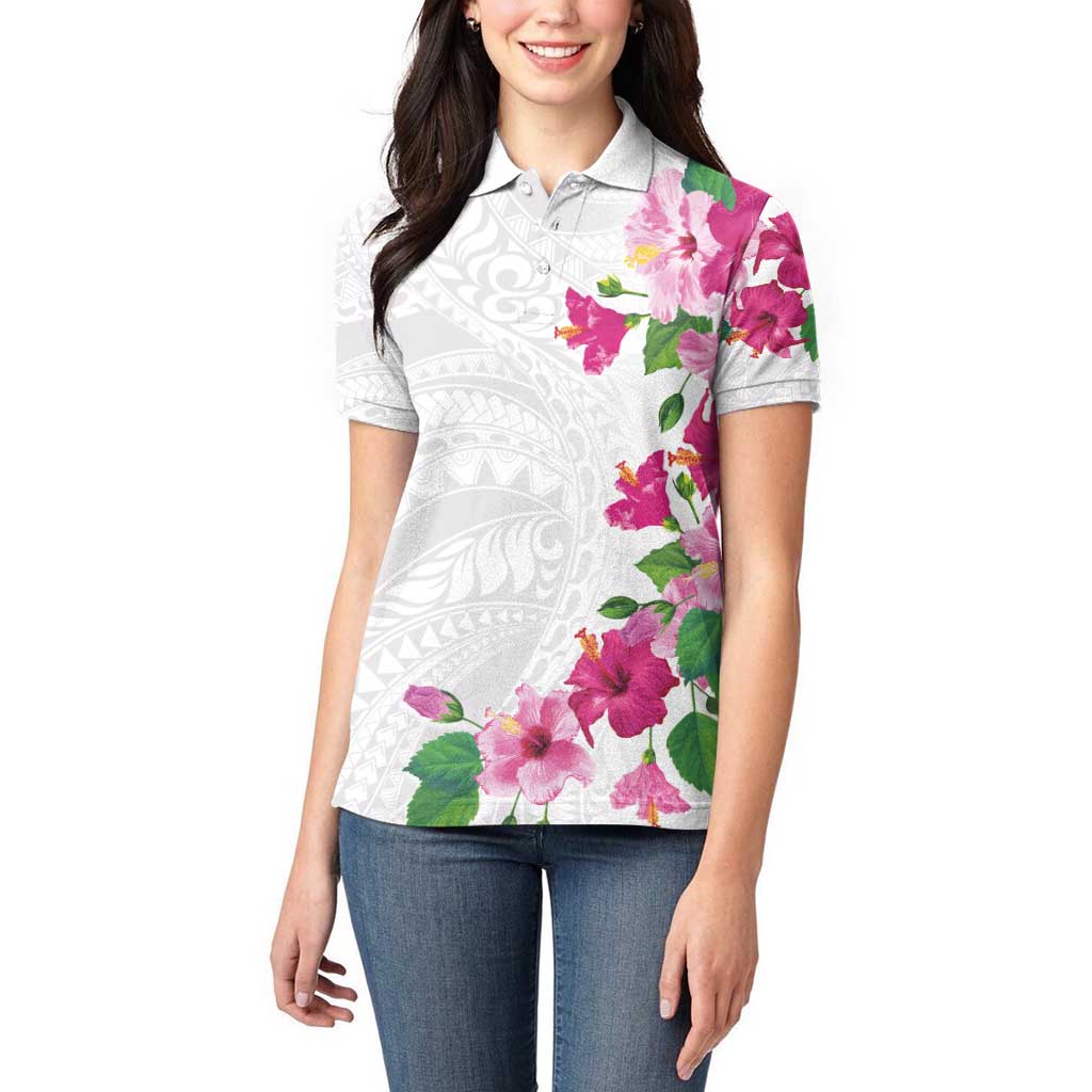 Hawaiian Hibiscus and Art Polynesian Tattoo Women Polo Shirt White Color LT03 - Polynesian Pride
