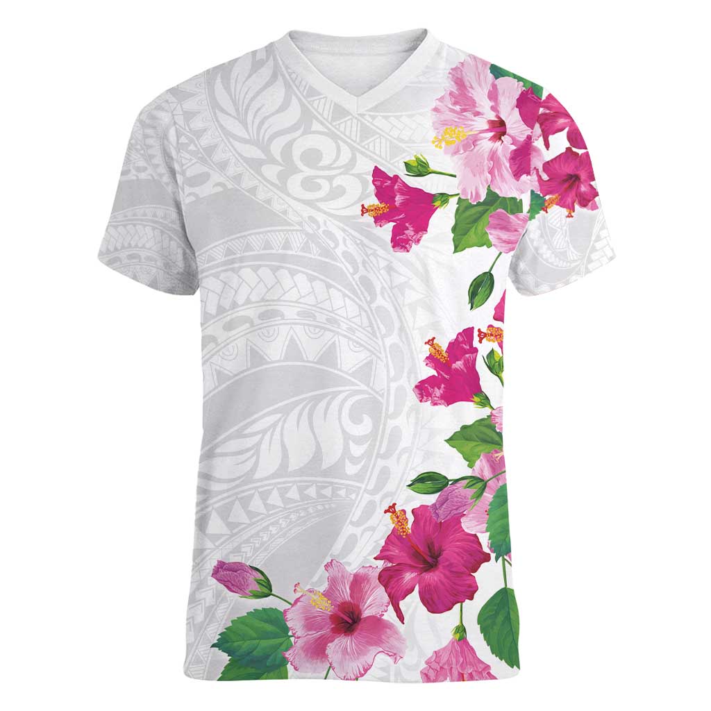 Hawaiian Hibiscus and Art Polynesian Tattoo Women V-Neck T-Shirt White Color LT03 Female White - Polynesian Pride