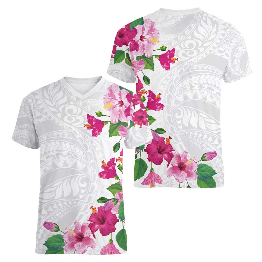 Hawaiian Hibiscus and Art Polynesian Tattoo Women V-Neck T-Shirt White Color LT03 - Polynesian Pride