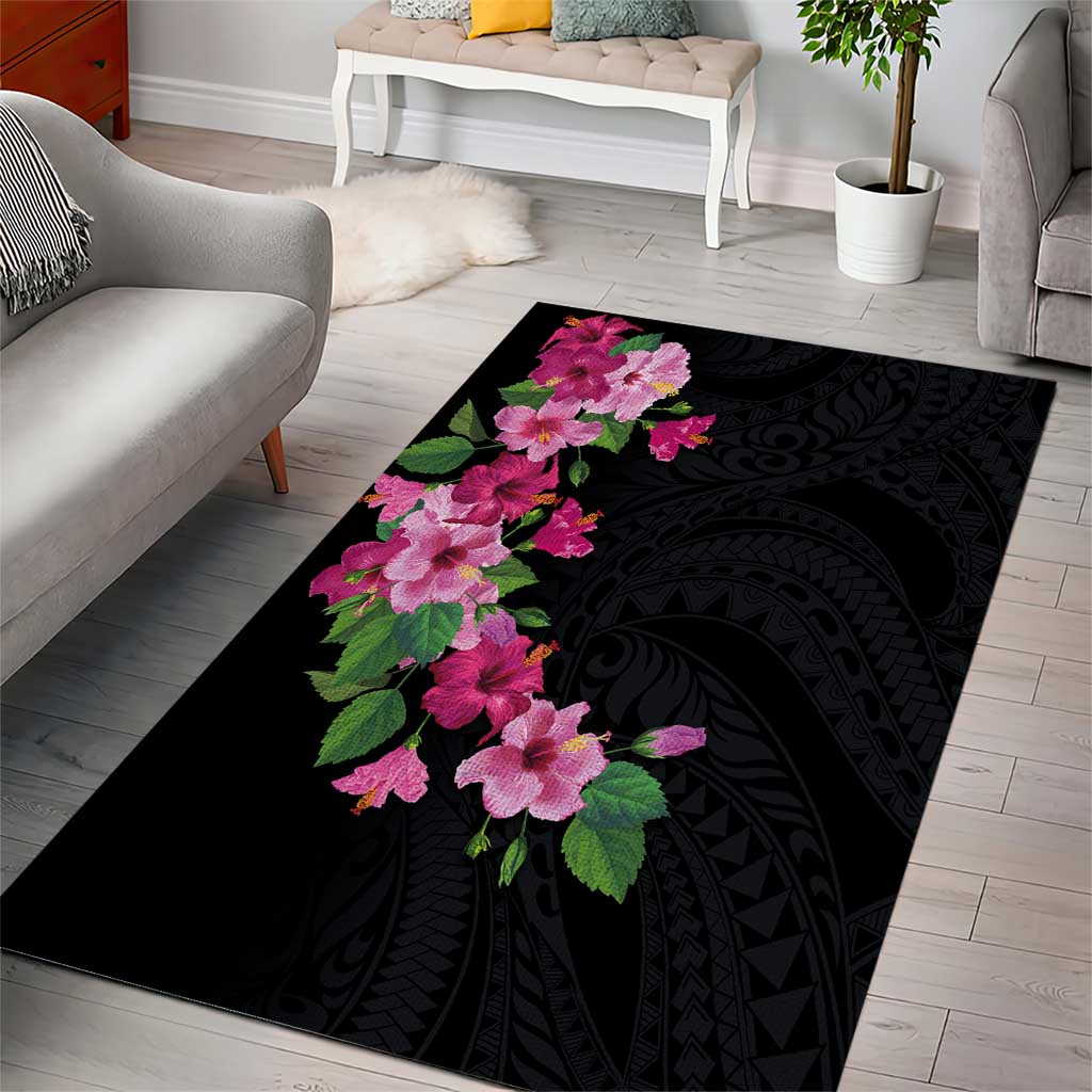 Hawaiian Hibiscus and Art Polynesian Tattoo Area Rug Black Color