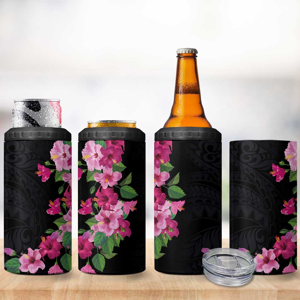 Hawaiian Hibiscus and Art Polynesian Tattoo 4 in 1 Can Cooler Tumbler Black Color LT03 - Polynesian Pride