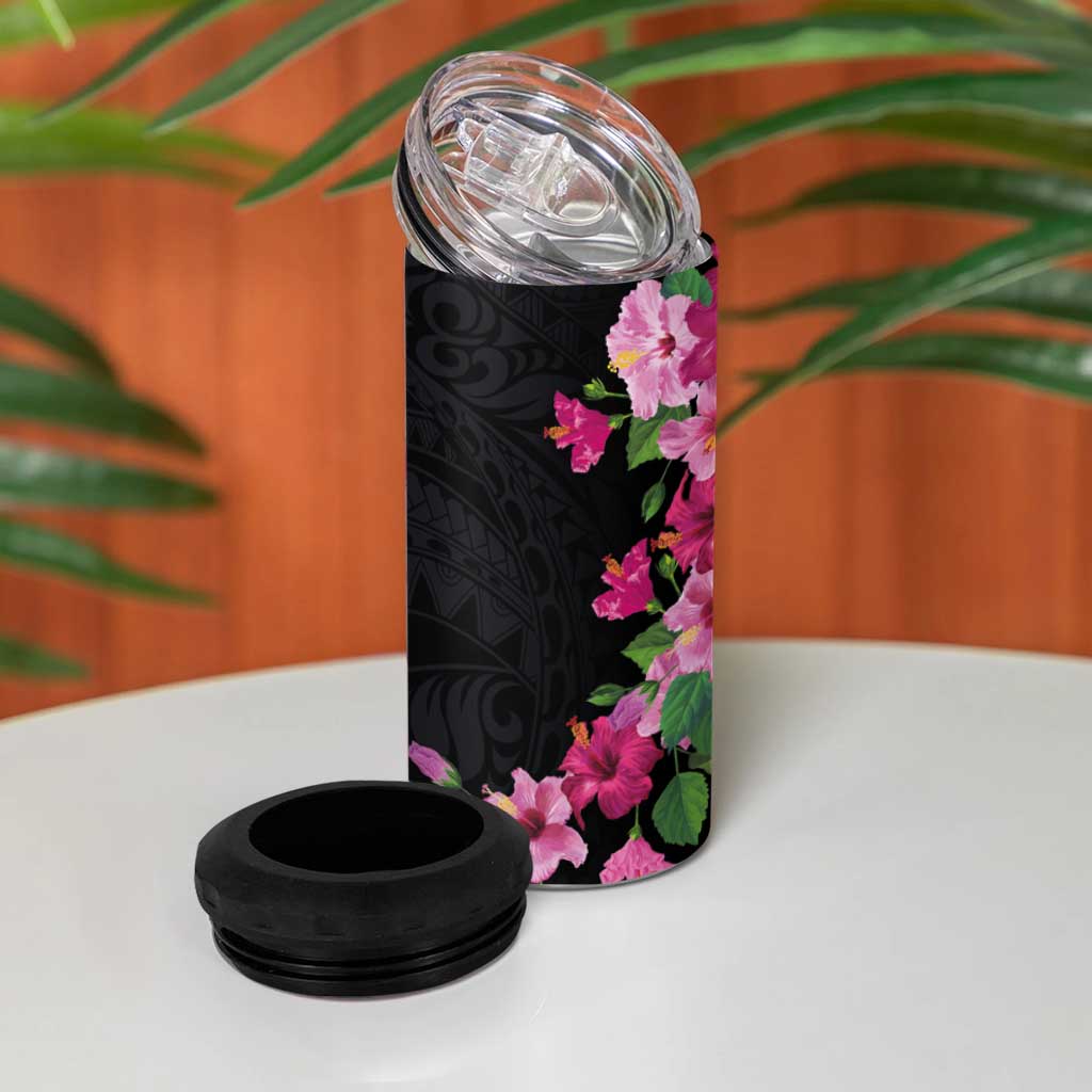 Hawaiian Hibiscus and Art Polynesian Tattoo 4 in 1 Can Cooler Tumbler Black Color LT03 - Polynesian Pride