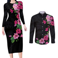 Hawaiian Hibiscus and Art Polynesian Tattoo Couples Matching Long Sleeve Bodycon Dress and Long Sleeve Button Shirt Black Color