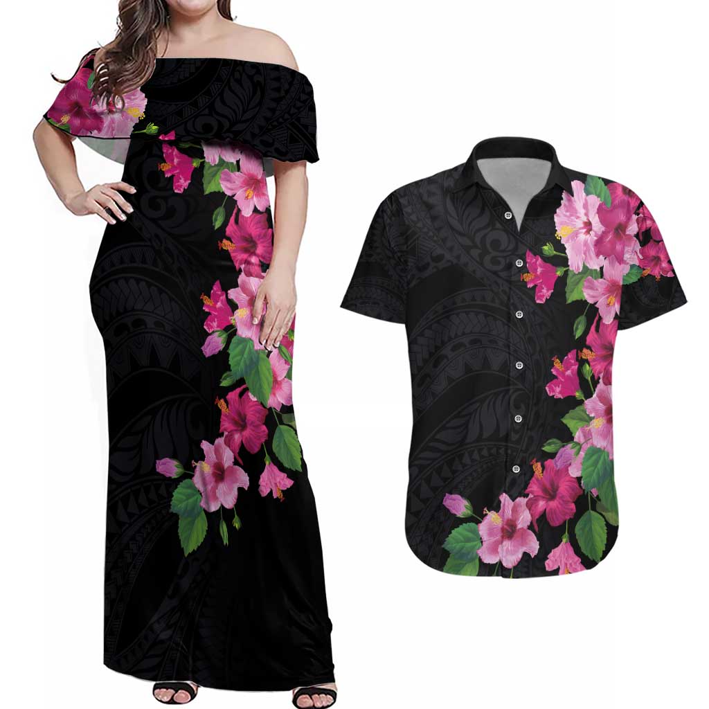 Hawaiian Hibiscus and Art Polynesian Tattoo Couples Matching Off Shoulder Maxi Dress and Hawaiian Shirt Black Color