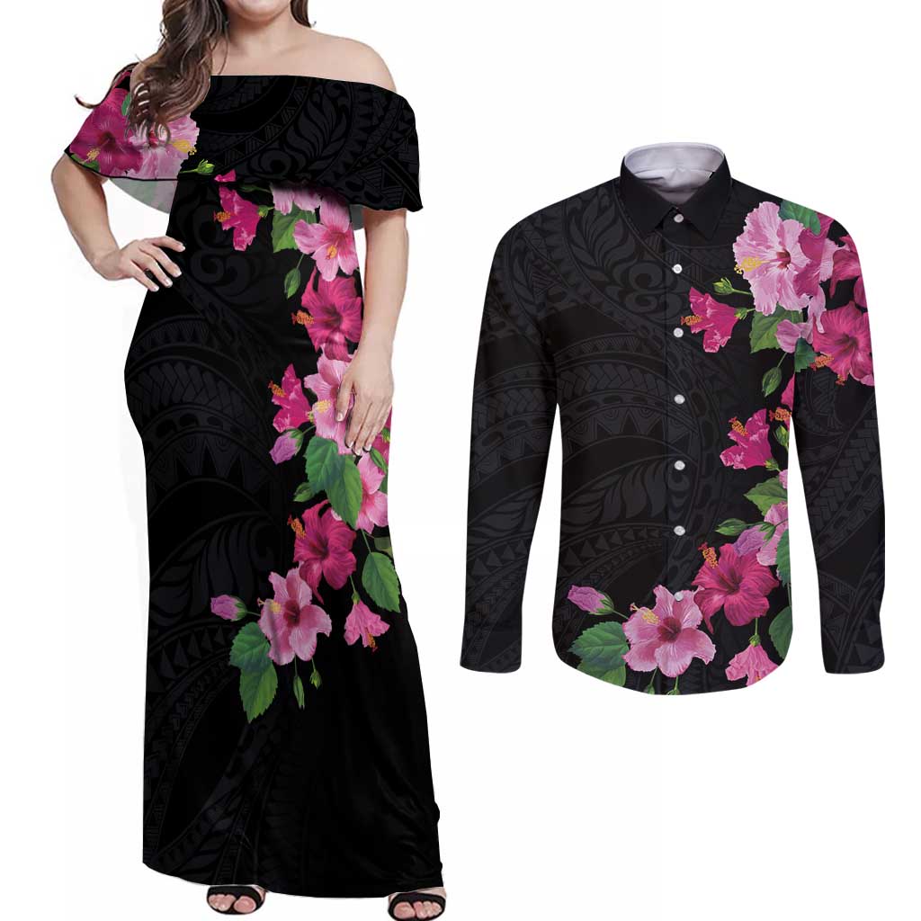 Hawaiian Hibiscus and Art Polynesian Tattoo Couples Matching Off Shoulder Maxi Dress and Long Sleeve Button Shirt Black Color