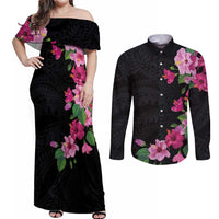 Hawaiian Hibiscus and Art Polynesian Tattoo Couples Matching Off Shoulder Maxi Dress and Long Sleeve Button Shirt Black Color