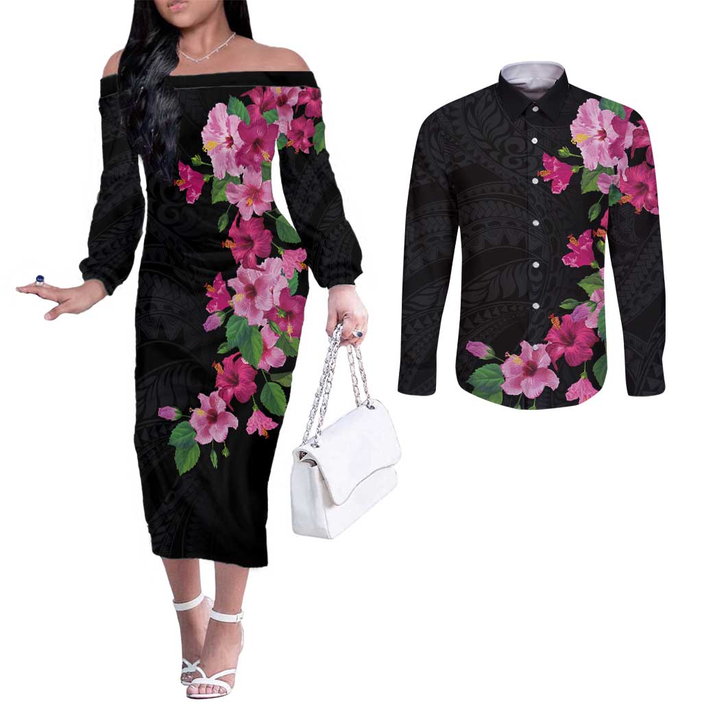 Hawaiian Hibiscus and Art Polynesian Tattoo Couples Matching Off The Shoulder Long Sleeve Dress and Long Sleeve Button Shirt Black Color