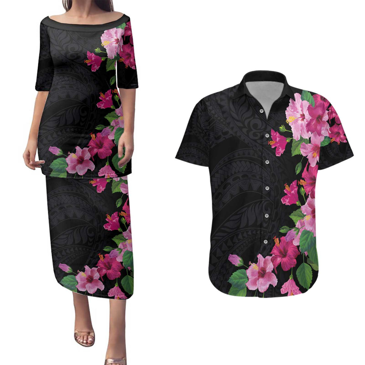 Hawaiian Hibiscus and Art Polynesian Tattoo Couples Matching Puletasi and Hawaiian Shirt Black Color LT03 Black - Polynesian Pride