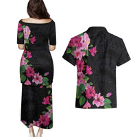 Hawaiian Hibiscus and Art Polynesian Tattoo Couples Matching Puletasi and Hawaiian Shirt Black Color LT03 - Polynesian Pride