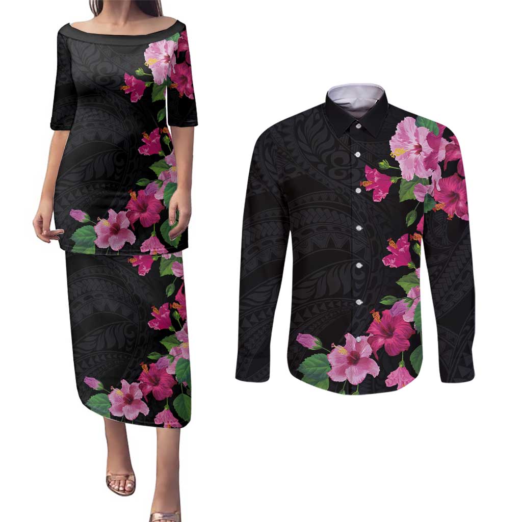 Hawaiian Hibiscus and Art Polynesian Tattoo Couples Matching Puletasi and Long Sleeve Button Shirt Black Color LT03 Black - Polynesian Pride