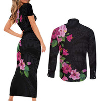 Hawaiian Hibiscus and Art Polynesian Tattoo Couples Matching Short Sleeve Bodycon Dress and Long Sleeve Button Shirt Black Color