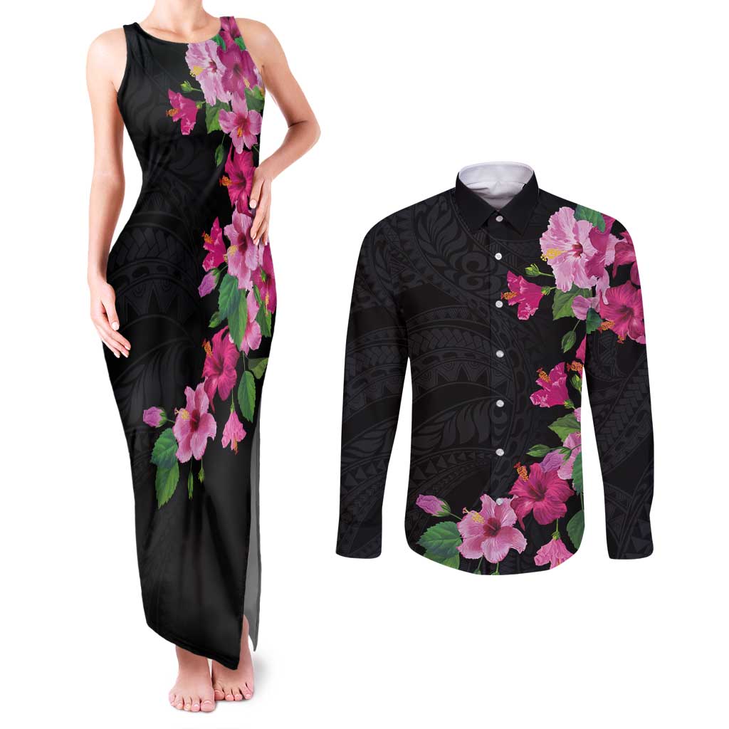 Hawaiian Hibiscus and Art Polynesian Tattoo Couples Matching Tank Maxi Dress and Long Sleeve Button Shirt Black Color